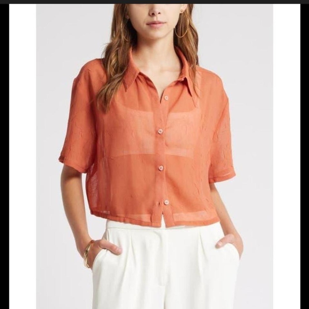 Open‎ Edit Orange Button Up blouse with short sleeve